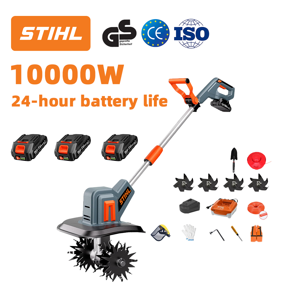 (Trajanje baterije 24 sata) Plug od 10000 W + litijeva baterija od 96 V * 3 + brzi punjač * 1 + lopata * 1 + oštrica za obradu tla * 4 + disk za rezanje * 1 + uže za rezanje * 1 + razni pribor