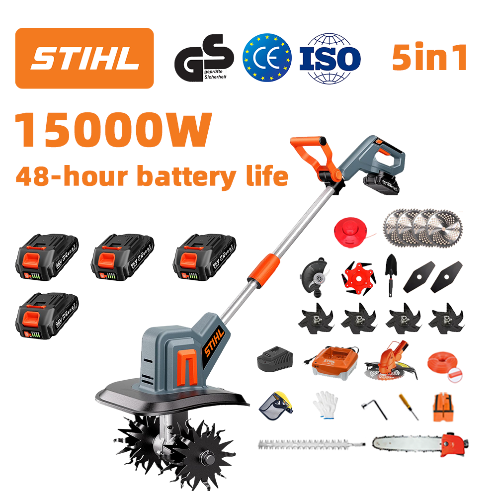 (Trajanje baterije: 48 sati) Plug od 15000 W + litijeva baterija 96 V * 4 + glava rezača * 1 + pila * 1 + glava škara za živicu * 1 + brzi punjač * 1 + lopata * 1 + ravna oštrica * 2 + oštrica pluga * 4 + aluminijska oštrica pile * 1 + oštrica za rezanje * 1 + uže za rezanje * 1 + razni pribor